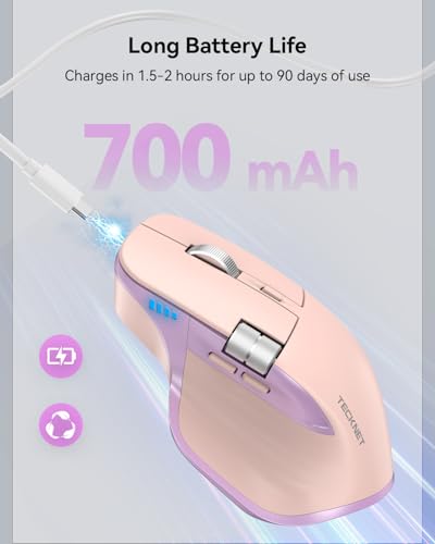 TECKNET Wireless Mouse, Bluetooth Mouse (BT5.3/5.0 & 2.4G) Rechargeable Ergonomic Optical Mouse with 6 Adjustable DPI, Side Scroll, Quiet Clicks, USB A Receiver, 7 Buttons, Wide Compatibility - color: Pink & Purple