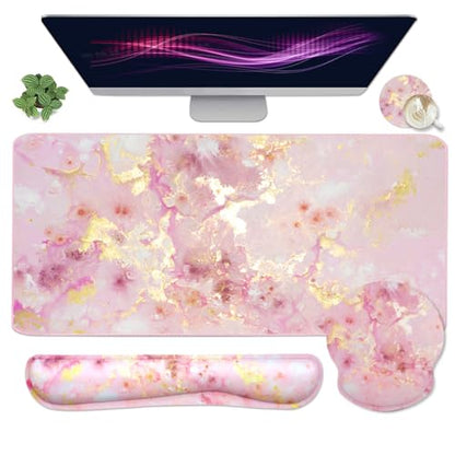 4-in-1 Gaming Mouse Pad Wrist Support Set，Desk Pad + Mouse Pad with Wrist Rest + Keyboard Wrist Rest + Coaster, Ergonomic Design for Home Office Study Game - Pink - color: 4 Pcs Pink