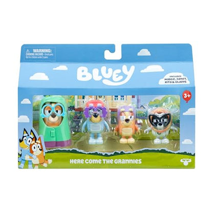 Bluey Figure 4-Pack Here Come The Grannies, Episode-Themed Toys | Includes Janet, Rita, Madge, and muffin from Bluey as Gladys, with moveable arms, 2.5-3 in tall - style: Here Come The Grannies