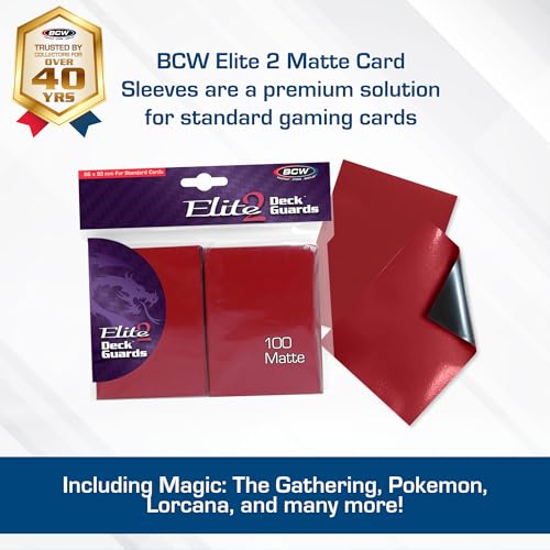 BCW Elite2 Matte Card Sleeves – Red | Anti-Glare Front | Textured Back | Fits Standard 2.5" x 3.5" Cards - 100 Pack - color: Red