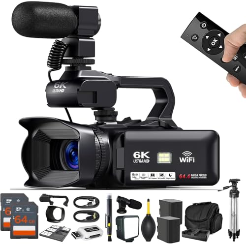 Acuvar 4K/6K Video Camera Camcorder – 64MP Vlogging Camera for YouTube, 60FPS, 18X Zoom – with Mic, LED Light, Tripod & 2×64GB Cards – WiFi, Webcam Bundle - style: Elite Kit