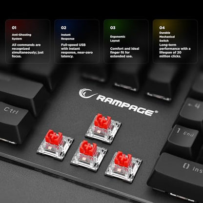 KB-R86 Umbra Mechanical Gaming Keyboard – High-Performance Switches, 26-Key Anti-Ghosting, 12 Multi Media Keys, Wrist Rest, Durable ABS – Compatible with PC, Laptop, Mac (Red Switch) - color: Red Switch, size: 26 Keys