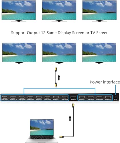 4K HDMI Splitter 1 in 12 Out, Powered HDMI Distributor Support 4Kx2K@30Hz Full HD for PC Laptop PS4 Xbox HDTV Office Home Teaching