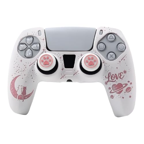 Moonlit Cats with a Loving Heart Controller Skin Compatible with PS5/Playstation 5 Controller, RALAN Protector Case Cover Customised Thumb Grip - color: MCats White Pink