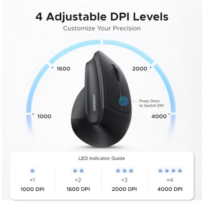 UGREEN Ergonomic Wireless Mouse, Bluetooth & 2.4G Wireless, Quiet Clicks | 1000/1600/2000/4000 DPI, Up to 3 Device Connectivity, 6 Buttons, Multi-system compatibility, for Laptop, Desktop, PC