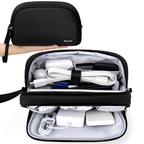 Skycase Travel Cable Organizer - Lightweight Water Resistant Dual-Layer Tech Pouch with Wrist Strap 9 Compartments Electronic Organizer Travel Case for Charger Cord Hard Drive,Large,Black - color: Black, size: L