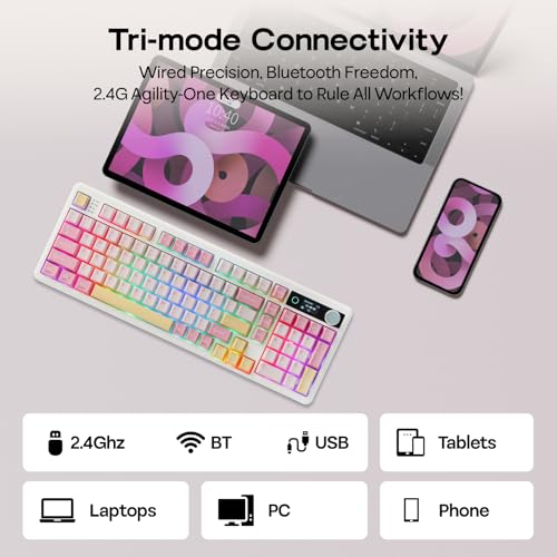 EPOMAKER TH99 PRO 96% Mechanical Keyboard with Screen & Knob, 10000mAh, 2.4Ghz/BT, Hot Swap, Custom Driver, RGB Backlight, PBT Keycap, Wireless Gaming Keyboard for PC/Mac (Pink, Creamy Jade) - color: Pink, size: Creamy Jade