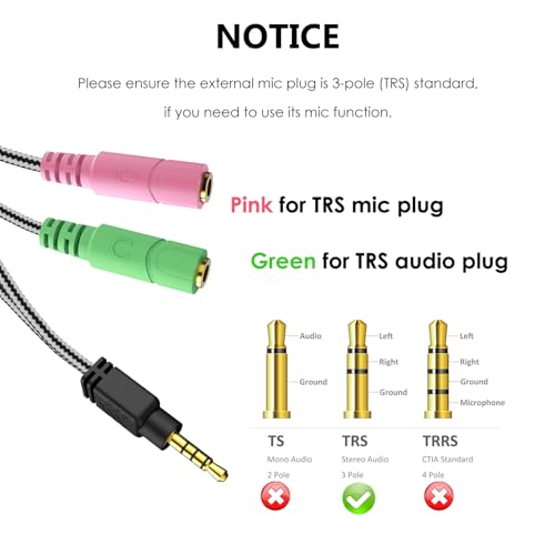 MillSO Headphone Mic Splitter, 3.5mm Headset Adapter (Microphone + Audio) 2 TRS Female to TRRS Male CTIA Stereo Jack Y Cable Compatible for Dual-Plug Gaming Headset to Xbox, PS4, Phone, Laptop, PC - size: 1 Pack / 0.6 Feet