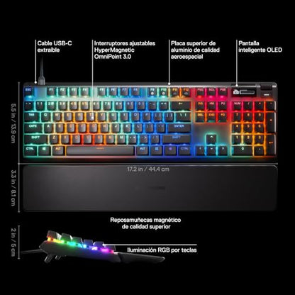 SteelSeries Apex Pro Gen 3 OmniPoint 3.0 HyperMagnetic Switches — Adjustable Actuation — Rapid Trigger — Game-Ready Presets — Protection Mode — Rapid Tap/SOCD — OLED — RGB — PBT Keycaps — USB-C - color: Black, size: Pro Full Size, style: Gen 3 Wired