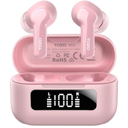 TOZO Hybrid Active Noise Cancelling Wireless Earbuds 6 Mics AI Clear Call | 68H Playtime LED Display 32 Preset EQs App Bluetooth 5.3 IPX8 Waterproof Ear Buds - color: Rose Gold