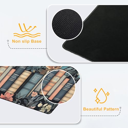 Large Mouse Pad Retro Books and Flower Waterproof Extra Large Mousepad with Stitched Edges Non-Slip Rubber Base Computer Protector Desk Pad for School Office Home 35.4"X 15.7" - color: Mystical Gothic Library