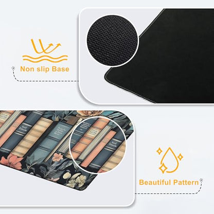 Large Mouse Pad Retro Books and Flower Waterproof Extra Large Mousepad with Stitched Edges Non-Slip Rubber Base Computer Protector Desk Pad for School Office Home 35.4"X 15.7" - color: Mystical Gothic Library