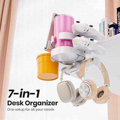 7-in-1 Cup Holder - EURPMASK Desk Organizer with Headphone, Controller Holder, Snack Bucket, and Phone Holder, Clamp-On Desk Accessory with Sturdy Large Storage, Easy to Install, White - color: White