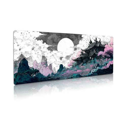 Extended Gaming Mouse Pad, Large Mouse Mat 3 mm Nature Rubber Base Mousepad with Stitched Edges, Non-Slip Desk Mat for Office Home Great Gift 31.5x11.8 Inch (Japanese Ink 1) - color: Japanese Ink 1