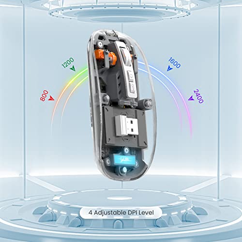 A.JAZZ Wireless Bluetooth5.1&2.4G Mini Lightweight Mouse,Transparent Clear Cool,Rechargeable Silent Computer Mice,Nano USB C Receiver,LED Battery Magic Silm for Office/PC/Mac/Laptop/Apple/ipad(Grey) - color: Grey