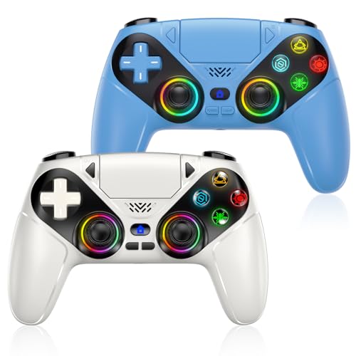 Gamrombo LED Wireless Controller for PS5, Compatible with PS5 Pro/Slim/PC, Dual Vibration, Macro/Turbo Function, 3.5mm Audio Jack, 6-Axis Motion Control Gamepad with Speaker (White+Blue)