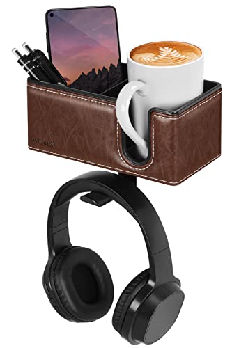 Desk Cup Holder Clip on Pen Holder Headphone Hanger Headset Stand Rotatable Clamp Hook Under Desk (Brown) - color: Brown