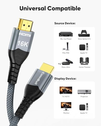 16K HDMI 2.2 Cable 96Gbps 16.4FT/5M, Ultra High Speed HDMI Braided Cord Support 4K@480Hz 8K@240Hz, HDCP 2.2&2.3, Dynamic HDR, eARC,DTS:X, Compatible with Roku TV/HDTV/PS5/Blu-ray - size: 15FT