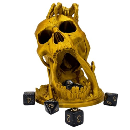 Skull Dice Tower Dungeons and Dragons RPG abletop Roleplaying Game Jail D&D (Random 7PCS D20 Dice Set Included) Gold - color: Glod
