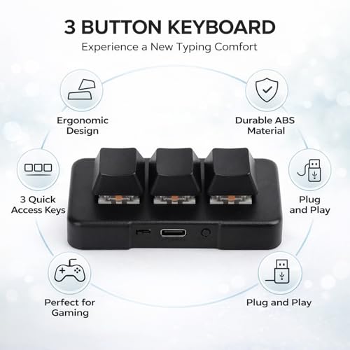 Mini 3 Button Control Keyboard, Programmable Macro Keypad with USB Cable, Custom Knob - Compact Design, Onboard Storage, Easy Setup for Gaming and Office