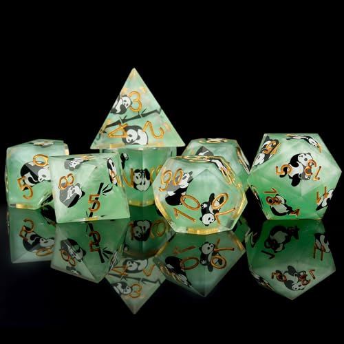 Haxtec Panda DND Dice Set Green Sharp Edge Resin Dice Set with Dice Case, Animal Sticker D and D Dice Polyhedral D&D Dice Set for Dungeons and Dragons TTRPGs DND Gift - color: Green Black