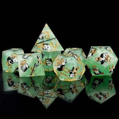 Haxtec Panda DND Dice Set, Green Sharp Edge Resin Polyhedral RPG Dice | Animal Sticker, Handmade D&D Dice with Metal Case, Dungeons and Dragons, Role Playing Games, TTRPG DND Gifts - color: Green Black