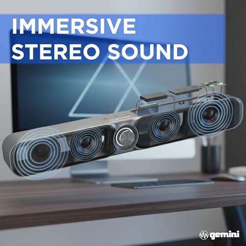 Gemini Portable Bluetooth Soundbar for TV, Desk & Gaming (GSBR-20) | 16" portable soundbar for TV, desk & gaming - USB-C or battery - dual 2" drivers - FM, 5-in-1 media