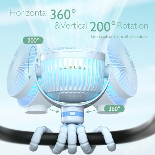 Momcozy 8000mAh Portable Stroller Fan, 27H Ultra-long Battery Life Detachable 4 Speed 360°Rotate LED Night Light with 2 Modes, USB Rechargeable Handheld Cooling Fan for Travel/Car Seat/Bedroom - color: Blue