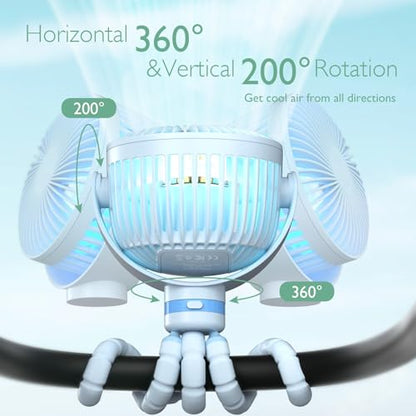 Momcozy 8000mAh Portable Stroller Fan, 27H Ultra-long Battery Life Detachable 4 Speed 360°Rotate LED Night Light with 2 Modes, USB Rechargeable Handheld Cooling Fan for Travel/Car Seat/Bedroom - color: Blue