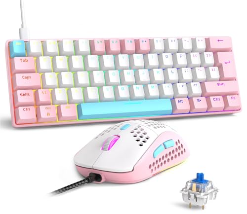 RK-T60 Wired 60% TKL Mechanical Gaming Keyboard Led Rainbow Backlight Ultra-Compact NKRO Linear Red Switch ABS Keycap RGB Honeycomb Mice Coiled Aviator Cable for Windows Laptop PS4/PC/WIN Gamer - color: Pink/Blue Switch