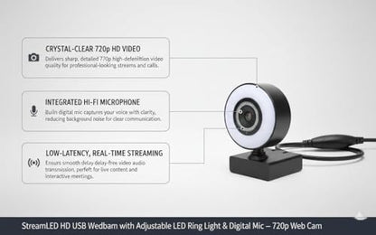 StreamLED HD USB Webcam with Adjustable LED Ring Light & Digital Mic – 720p Web Cam for Streaming, Zoom Meetings, Video Calls, Conferencing, Online Classes & Remote Work Setup