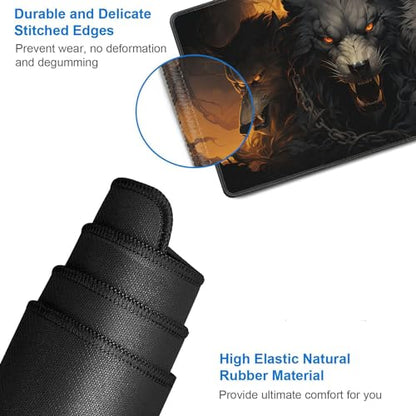 JVGFYNKL MTG Playmat + Drawstring Travel Pouch + 6 Dice Counter, for Tabletop Trading Card Game Playmats or Large Mouse Pad, Anti-Slip Rubber 24 x 14 in, Ferocious Wolf TCG Playmat - color: JV-Playmat-1-F-174