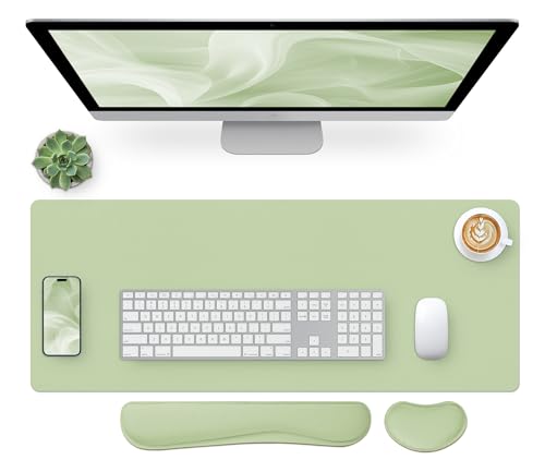 Bloss Leather Desk Pad and Keyboard Wrist Rest, Large Mouse Pad + Keyboard and Mouse Wrist Support, Non-Slip Desk Mat Protector for Office, Home(27.6" x 13.8", Green) - color: Green-wrist Rest, size: 27.6" x 13.8"