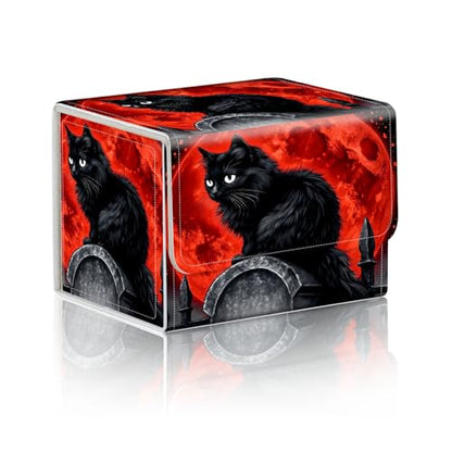 Trading Card Storage Box, Premium PU Leather with Magnetic Closure, Holds 100+ for MTG Cards, Black Cat & Red Moon Durable Deck Box for Magic the Gathering, Trading Card Games - color: Black Cat & Red Moon