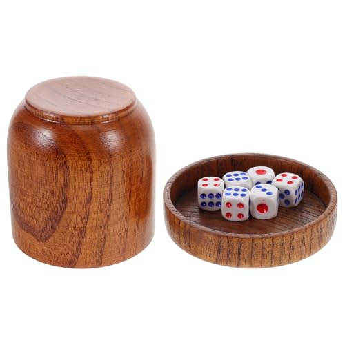 Toddmomy Wooden Dice Cup with Lid and Tray, Solid Wood Shaker Set with 5 Dice for Bar KTV Party, Board Game Accessories for Game Night