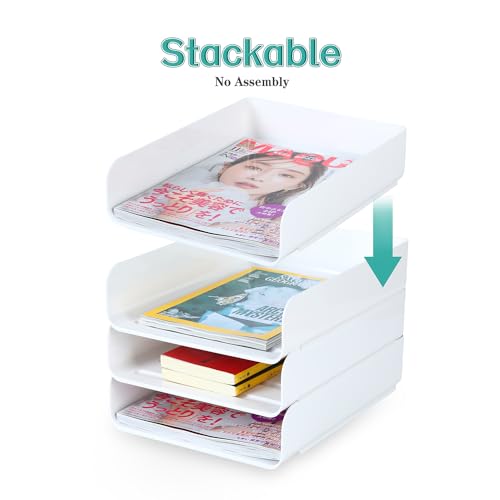 (4pcs Pack) HKeeper Stackable Paper Trays,Letter Tray Organizer,Office Desktop Organizer,A4 Paper Holder,Supplies Magazine,File Documents,Receipts（White,Regular）