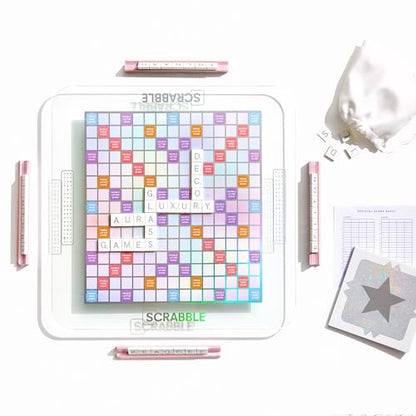 WS Game Company Scrabble Aura Edition, Iridescent Rotating Tempered Glass Board, Non-slip Metallic Wood Letter Tiles, Luxe Tile Racks & Organizer Tray, Family Word Board Games for 2-4 Players, Ages 8+