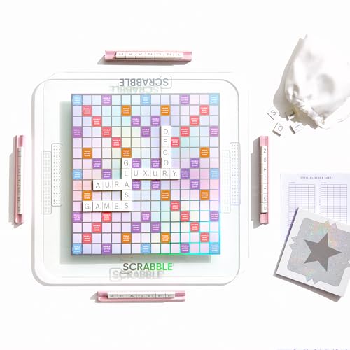 WS Game Company Scrabble Aura Edition, Iridescent Rotating Tempered Glass Board, Non-slip Metallic Wood Letter Tiles, Luxe Tile Racks & Organizer Tray, Family Word Board Games for 2-4 Players, Ages 8+