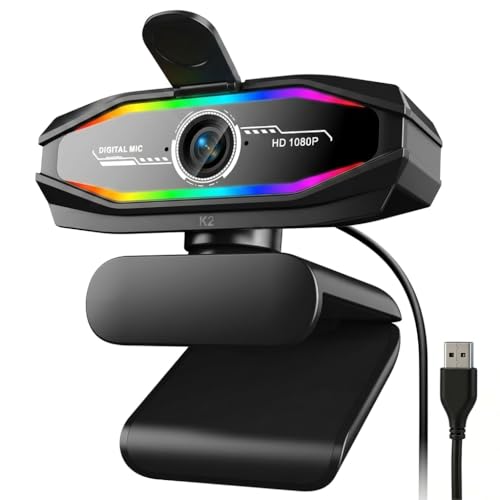 1080P Webcam with Microphone, Full HD Web Camera with RGB Light for Pc, Light Correction and Noise Cancellation Streaming Webcam, USB Computer Camera with Privacy Cover ,Plug and Play PC Web Cam
