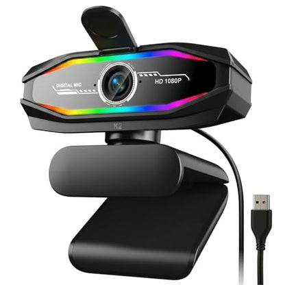 1080P Webcam with Microphone, Full HD Web Camera with RGB Light for Pc, Light Correction and Noise Cancellation Streaming Webcam, USB Computer Camera with Privacy Cover ,Plug and Play PC Web Cam