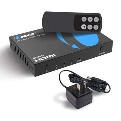 OREI 8K 3-Port HDMI 2.1 Switch, 3-in 1-Out, 8K@60Hz, Manual & Auto Switch | hdmi switch with remote, hdmi switch 4k 120hz, HDR10+, Dolby Vision, VRR, ALLM, CEC, PS5/Xbox compatible - size: 3x1 8K HDMI Switch