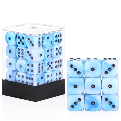 36 of Pack 12MM 6 Sided MINI Dice Set,Mixed Colours Swirls D6 Game Dice Set, 6 Sided Standard Dices for Yahtzee, Bunco or Teaching Math,with Portable Plastic Box(Blue White) - color: Blue White