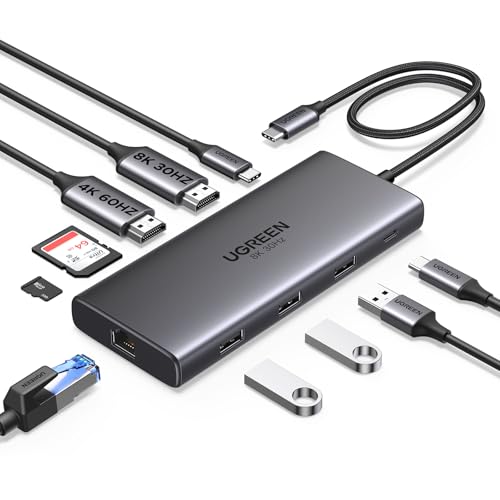 UGREEN USB C Docking Station Dual Monitor, 10-in-1 Laptop Dock with 2 HDMI | 2x HDMI, Single 8K, 100W PD, 1Gbps Ethernet, 4x 5Gbps USB-A/C Data, SD/TF, Revodok Pro Aluminum USB-C Dock for Dell/HP/Lenovo