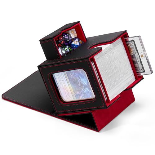 MTG Commander Deck Box with Dual Display Windows and Dice Tray | Fits 100 Double-Sleeved Cards, PU Leather, 2 Magnetic Card Holders, 2 Dividers, Black & Red - color: 2. Black & Red