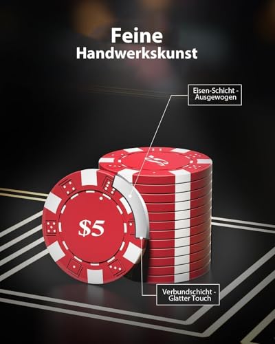 HEITOK Poker Chips 1000 Chips Set with Denominations, 11.5g Weighted Numbered Casino Chips Set, 2 Decks with Compact Aluminum Case for Texas Hold'em, Blackjack Chips | 2-20 players, numbered values 1/5/25/100/500, aluminum case, cards, dice, dealer/small/