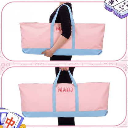 Mahjong Bag for Tiles and Racks Empty American Mahjong Tiles Carrying Tote 31.5 x 12 x 4 Inch Canvas Tile Game Accessory Gift for Pusher Rack Mat Carrying, Case Only (Pink and Blue) - color: Pink and Blue
