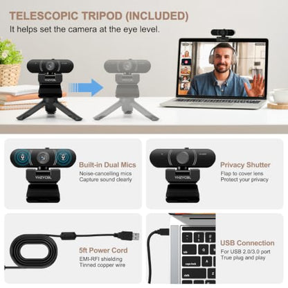 1080p Webcam for pc with Microphone, Auto Focus, with Privacy Cover | Plug & Play USB Computer Camera for Desktop Streaming Gaming Online Meeting With a tripod 360 ° Rotatable