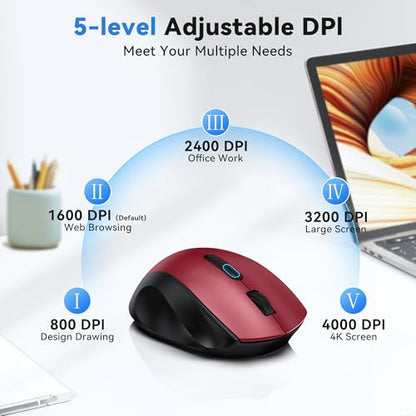 TECKNET Wireless Mouse for Laptop, (BT5.2/3.0 & 2.4G) Bluetooth Wireless Mouse, Silent Click, 5-Level Adjustable DPI, Ergonomic Portable Computer Mice for Laptop, PC, MacBook, Chromebook - color: Red