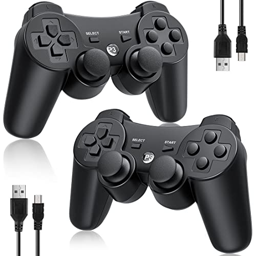 OKHAHA Controller 2 Pack for PS3 Wireless Controller for Sony Playstation 3, Double Shock 3, Bluetooth, Rechargeable, Motion Sensor, Remote for PS3 (No Stripes(Black + Black)) - color: No Stripes(Black + Black)