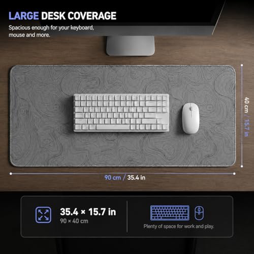 Topographic Gaming Mouse Pad 35.4x15.7 Inch, 0.12 Thickness, Extended Full Desk Mat, Non-Slip Rubber Base, Water Resistant Surface, Black Mousepad for PC Gaming, Office, E-Sports - color: Grey Topographic Map